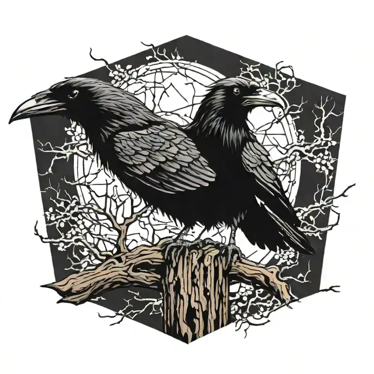 Cyberpunk Raven Setting On Tree Bark