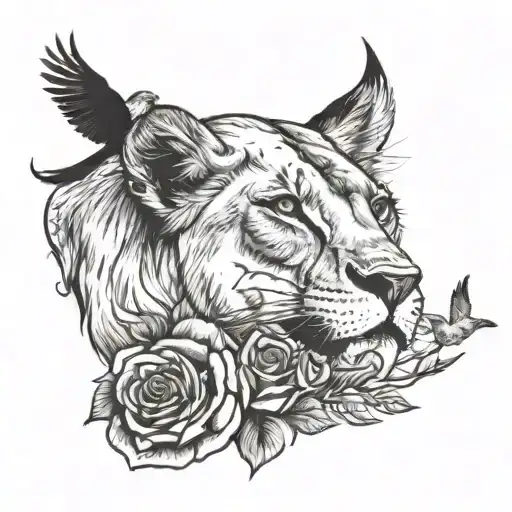 Lioness With A Rose In Its Mouth And Two Birds Flying Over Head