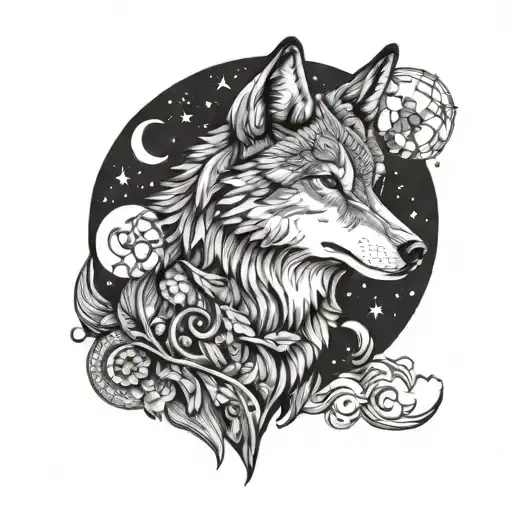 Design A Blackwork Tattoo Of A Wolf Howling At The Moon With Subtle Turkish Elements