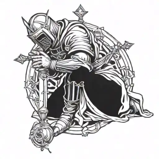 Crusader Knight Praying On Knees With Rosary Beads