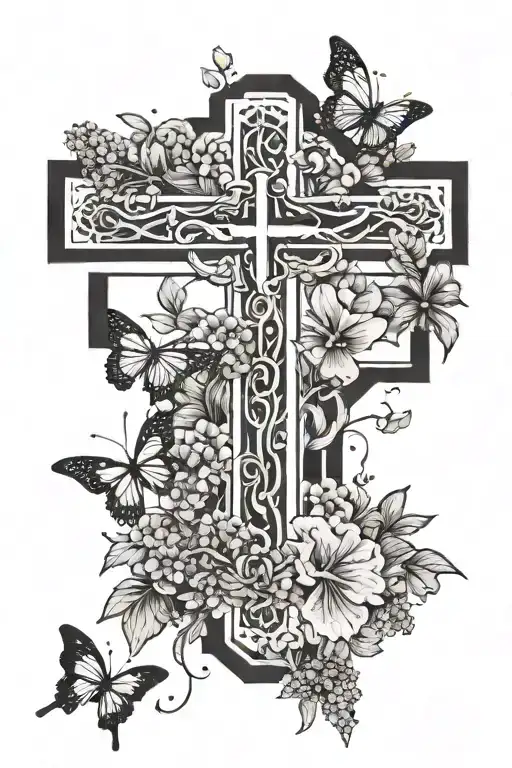 Christian Cross Surrounded With Butterflies On A Bed Of Lavender