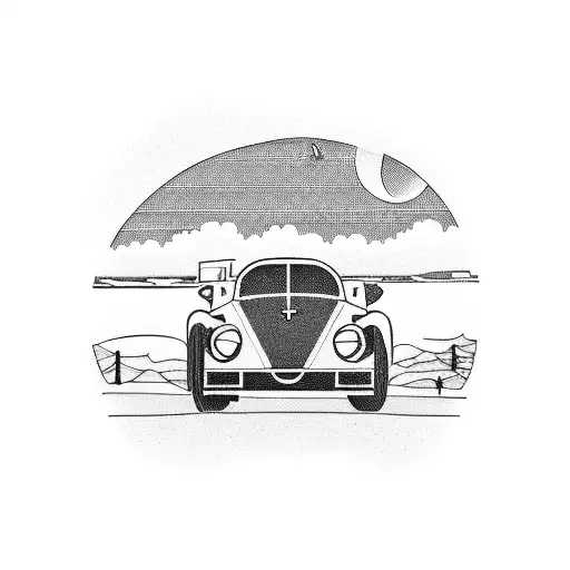 A Blackwork Tattoo Of A Vintage Car Driving Along The Beach At Sunset