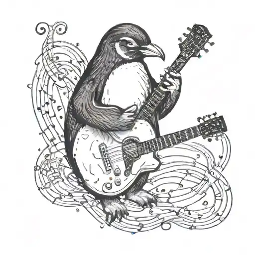 A Penguin Playing A Guitar Surrounded By Musical Notes