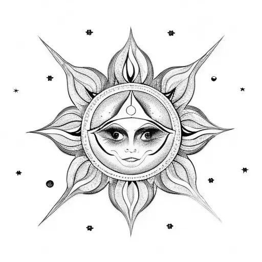 A Detailed Blackwork Tattoo Of A Celestial Art Piece With The Sun And Moon Intertwined