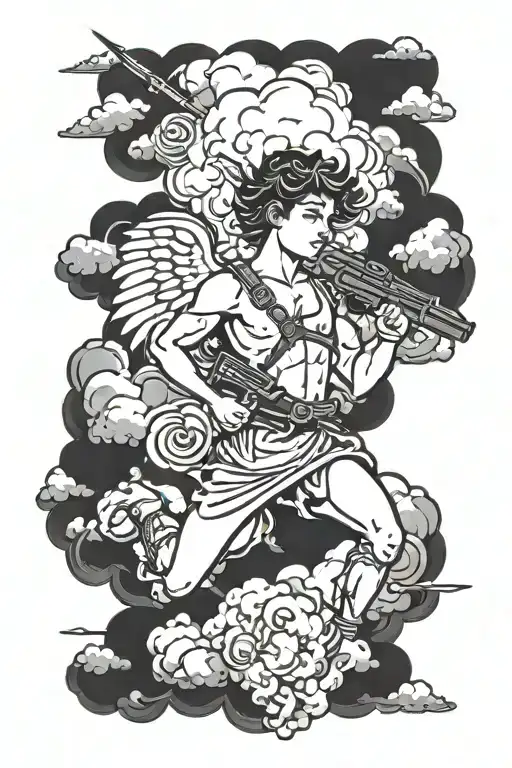Cupid Holding A Gun To His Head And Clouds Behind Him