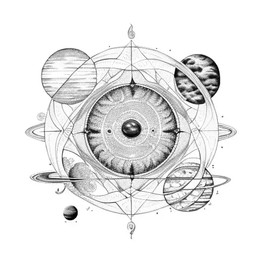 A Blackwork Tattoo Of A Celestial Map Highlighting Different Solar Systems