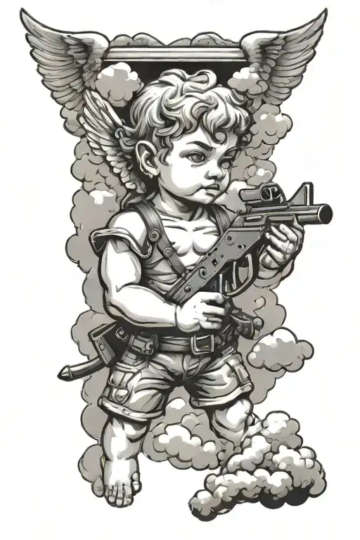 Cupid Pointing A Gun To His Head And Clouds Behind Him