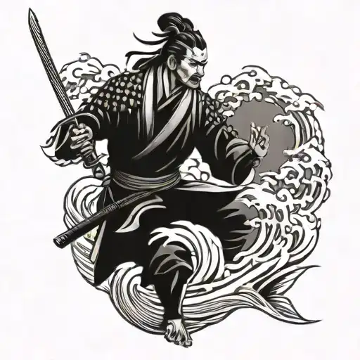 Ocean Waves And Samurai Warrior
