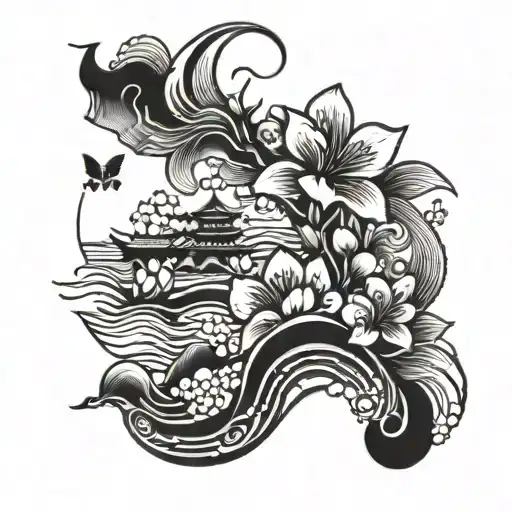 Ocean Waves And Japanese Cherry Blossom