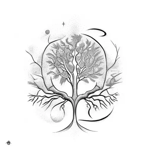A Tattoo Depicting A Family Tree With Branches Formed By Musical Instruments And Celestial Bodies
