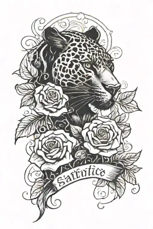 Panther With Roses Growing And The Word Sacrifice Written