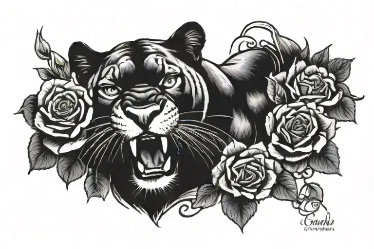 Panther Growling With Roses And The Word Sacrifice Written