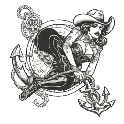 A Western Pinup Girl With Boots And Cowboy Hat Riding An Anchor