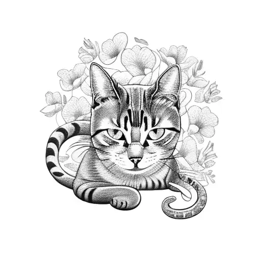 A Cat Sitting On A Bed Of Flowers With A Snake Wrapped Around Its Tail