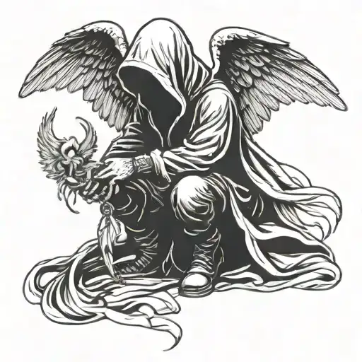 Hooded Figure With Angel Wing Kneeling