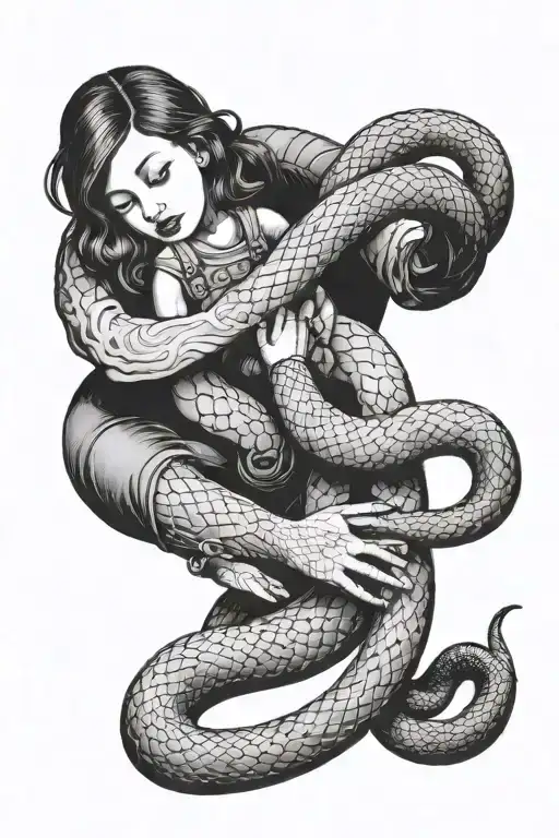 Snake Enveloping A Woman's Hand And A Child In A Diving Suit