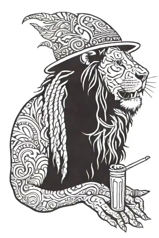 A Reggae-inspired Tattoo Featuring A Lion Wearing A Rasta Hat And Smoking A Joint