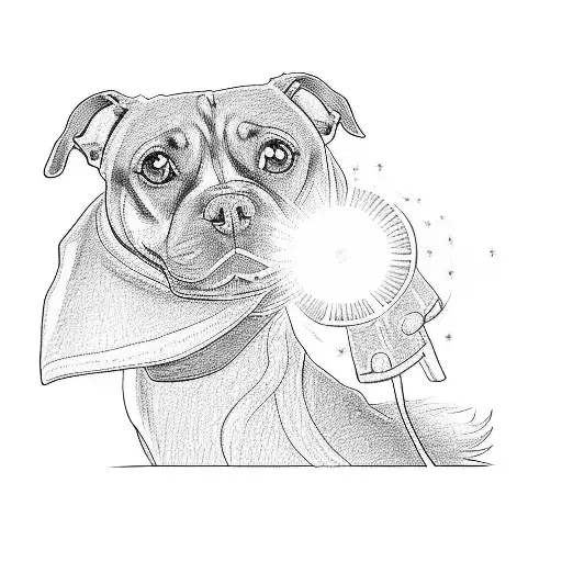 A Drawing Of A Brown Dog With Glowy Eyes And A Halo On Its Head