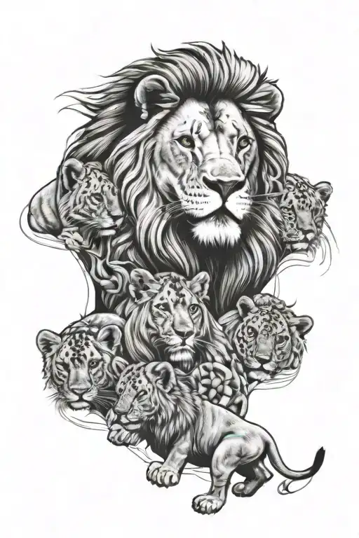 Lion With 5 Cub Surrounded