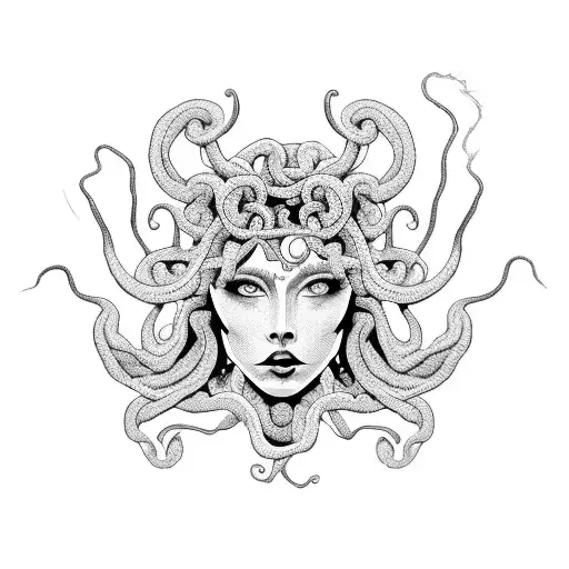 A Fierce Medusa Surrounded By Blackwork Floral Patterns