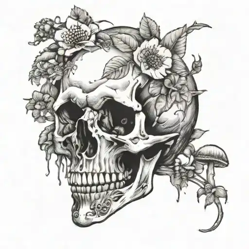 Skull With Mushrooms And Flowers Growing Out Of It