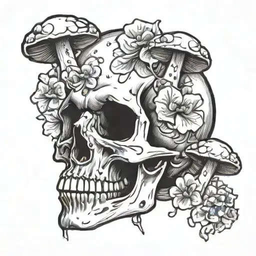 Small Skull With Mushrooms And Flowers Growing Out Of It