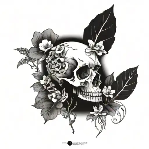 Small Half Skull With Mushrooms And Flowers Growing Out Of It