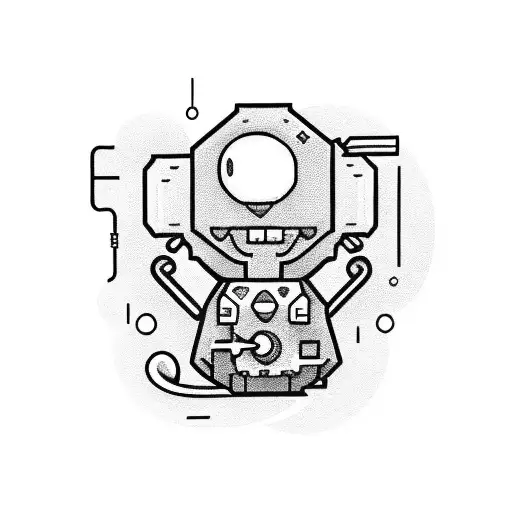 A Blackwork Tattoo Of Bmo Changing Out His Own Batteries With A Music Note Background