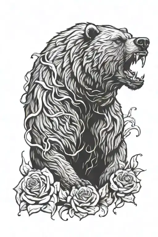 Grizzly Bear Roaring Down To Rose Intertwined