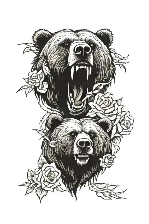 Grizzly Bear Head Roaring Down To Rose Intertwined