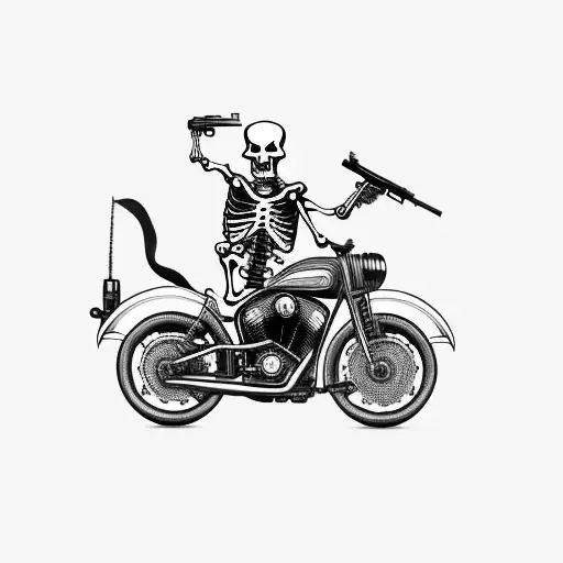 Skeleton On Motorcycle With Liquor Bottle And Gun In Hand