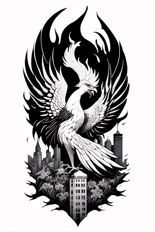 Phoenix With A City A Flame And Fire