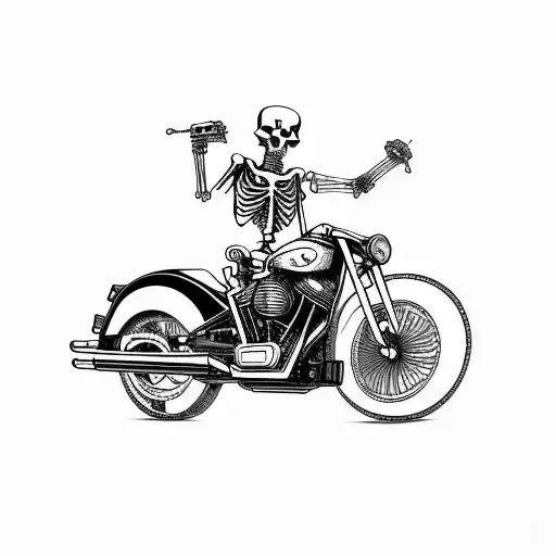 Skeleton On Motorcycle With Liquor Bottle In One Hand And Pistol In The Other