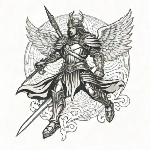 Archangel Saint Michael Tactical Warrior Without Helmet With A Sword And Wings
