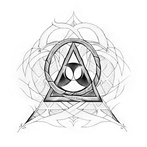 A Blackwork Tattoo Of The Deathly Hallows Symbol With Intricate Patterns And Shading