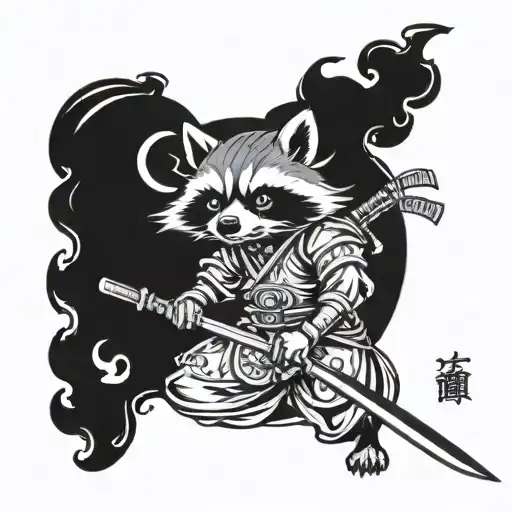 Raccoon Samurai With A Katana Among Demons