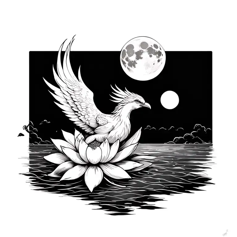 Phoenix Bird Flying Upwards From A Lotus Flower With The Moon In The Background