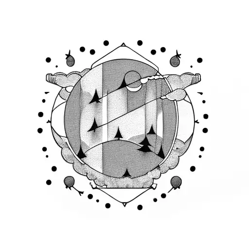 A Blackwork Tattoo Of A Car Tire Track Leading Into A Peaceful Sleeping Moon