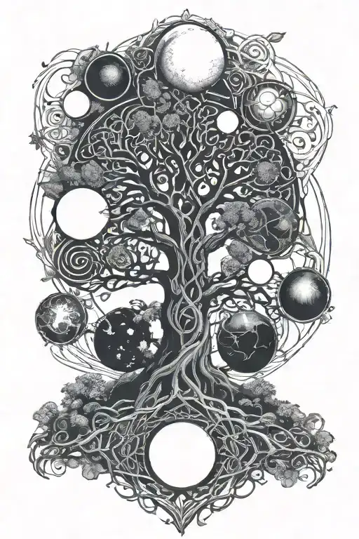 Celtic Tree Of Life With Planets On Tops Of The Tree