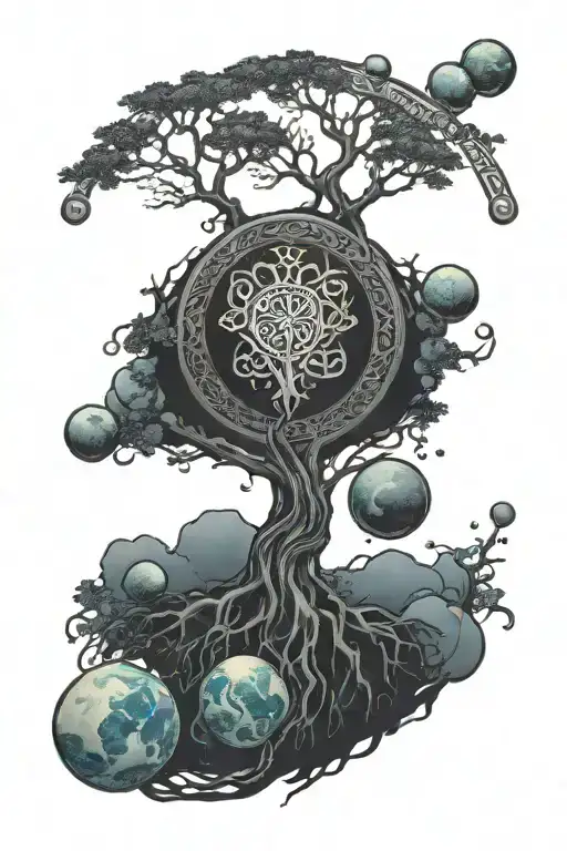 Celtic Tree Of Life With Planets On Tops Of The Tree