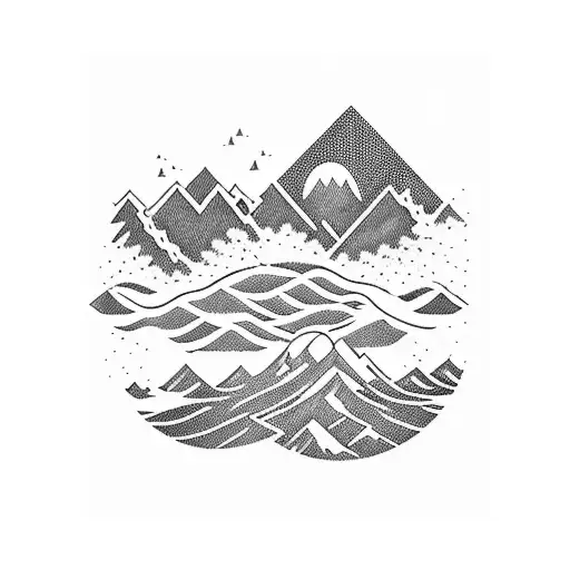 A Blackwork Tattoo Of A Mountain Landscape With A River Flowing Through It