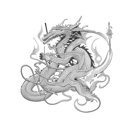 A Dragon Wrapped Around A Sword With Roses Entwined In Its Tail