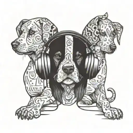 A Tattoo Of A Dog Wearing Headphones Listening To Music With A Father And Child In The Background