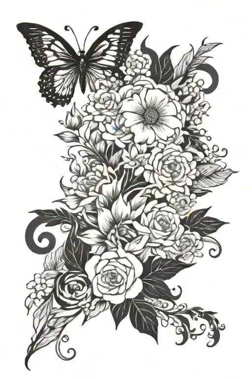 Floral Sleeve With Butterflies And A Phoenix And A Sun