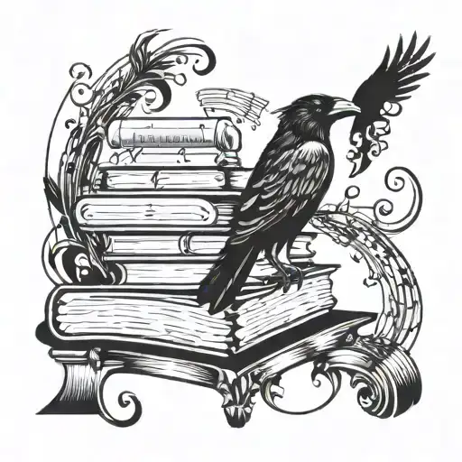 A Raven Perched On A Stack Of Books With Musical Notes Floating Around It