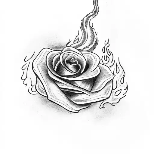 A Sketch-style Tattoo Of A Rose Engulfed In Flames With A Snake Slithering Through The Fire