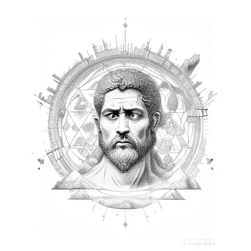 A Detailed Sketch Of A Stoic Philosopher Surrounded By Elements Of Nature