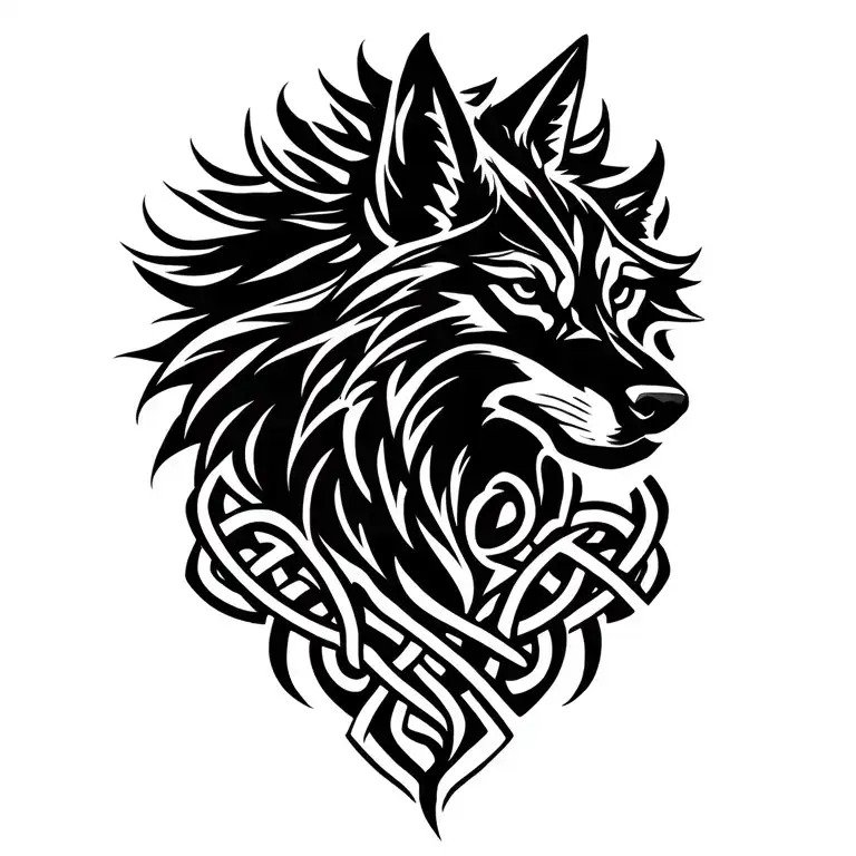 Solid Black Low Detail Celtic Wolf Profile Unraveling Into Celtic Knots