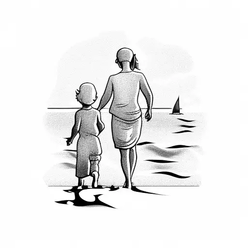 A Minimalist Tattoo Of A Mother And Child Silhouette Walking Along The Shoreline