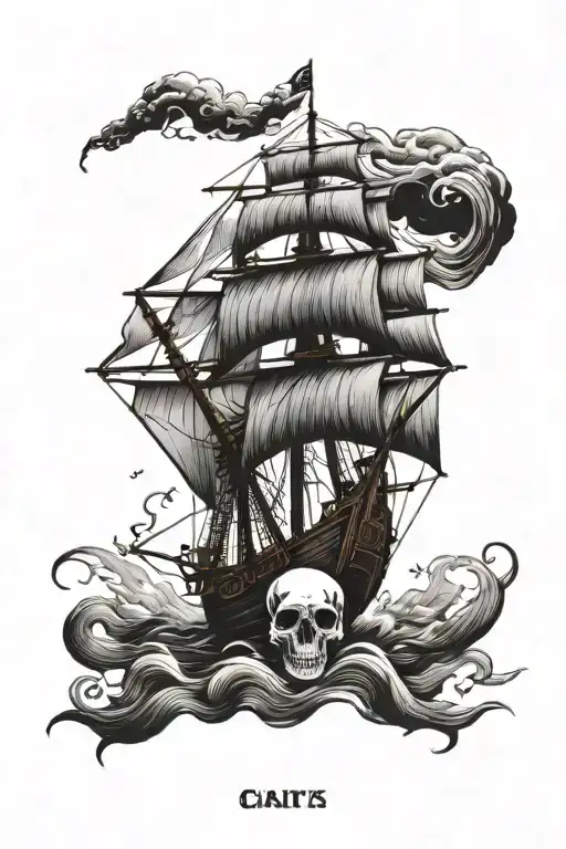 Wooden Tallship In Storm With Skull In The Background